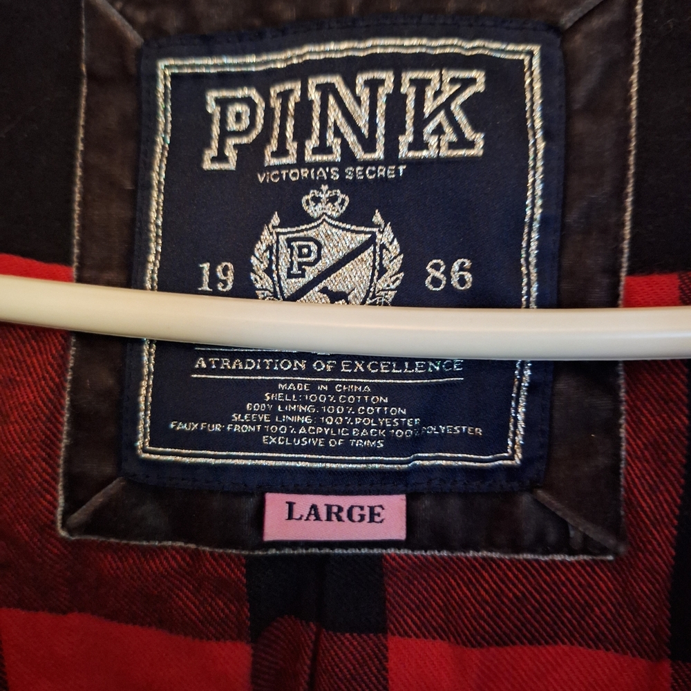 PINK Victoria's Secret Black Peacoat with Red Plaid Lining and Faux Fur Trim - Picture 12 of 16